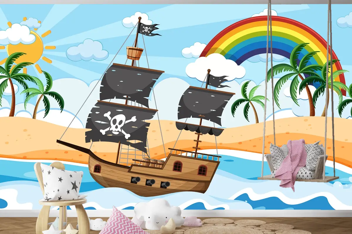 Karikatür Tarzı Çocuk Odası Duvar Kağıdı Duvarında Gündüz Sahnesinde Korsan Gemisi Ile Okyanus