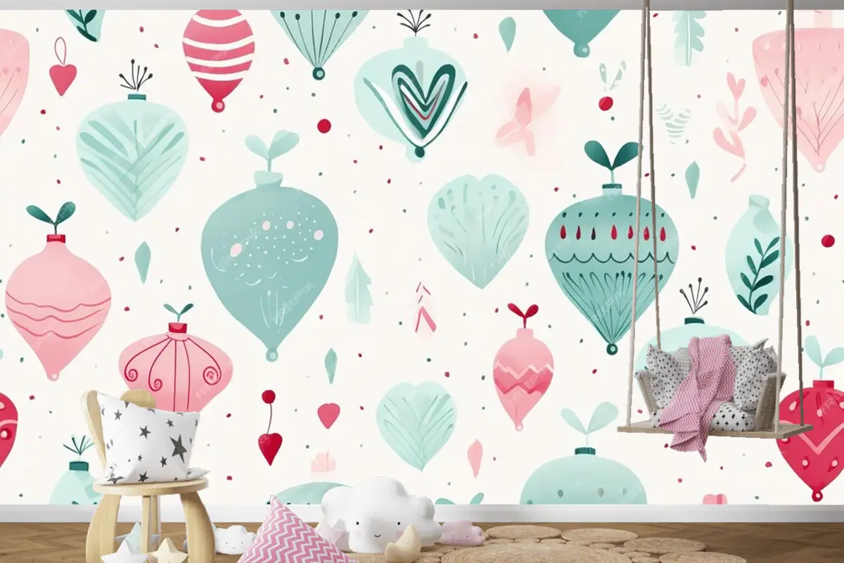 Ağaç Ve Süslerle Renkli Noel Kusursuz Deseni Modern Canlı Sonsuz Çocuk Odası Duvar Kağıdı