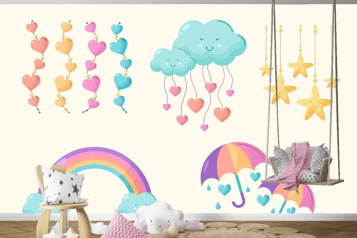 Organik Düz Chuva De Amor Dekorasyon Elemanı Koleksiyonu Çocuk Odası Duvar Kağıdı 