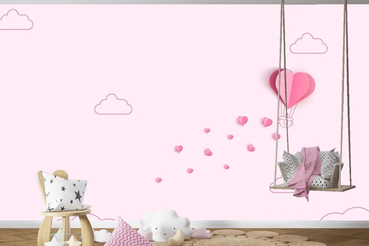 Origami Yapımı Sıcak Hava Balonu Ve Bulut Çocuk Odası Duvar Kağıdı
