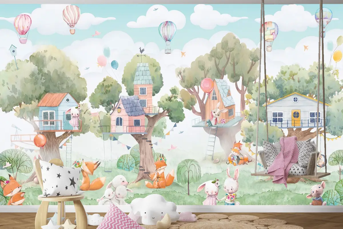 Orman Ağaçevleri ve Şenlikçi Hayvanlar Çocuk Odası Duvar Kağıdı