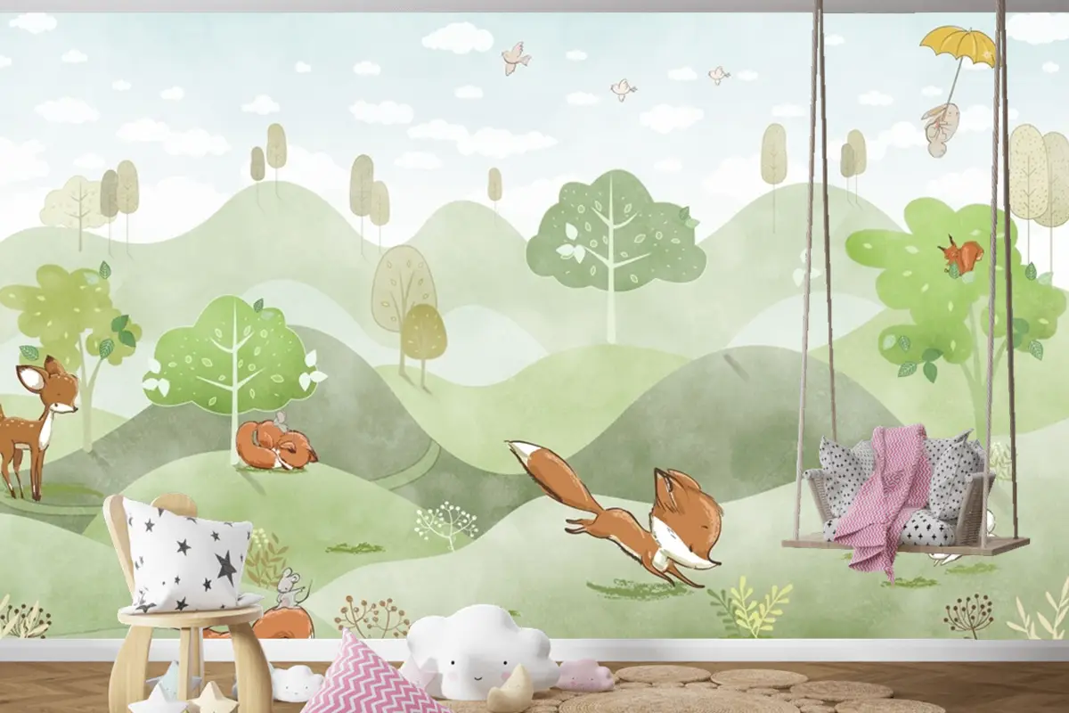 Orman Hayvanları Yeşil Orman Geyik Tilki Tavşan Bebek Odası Duvar Kağıdı