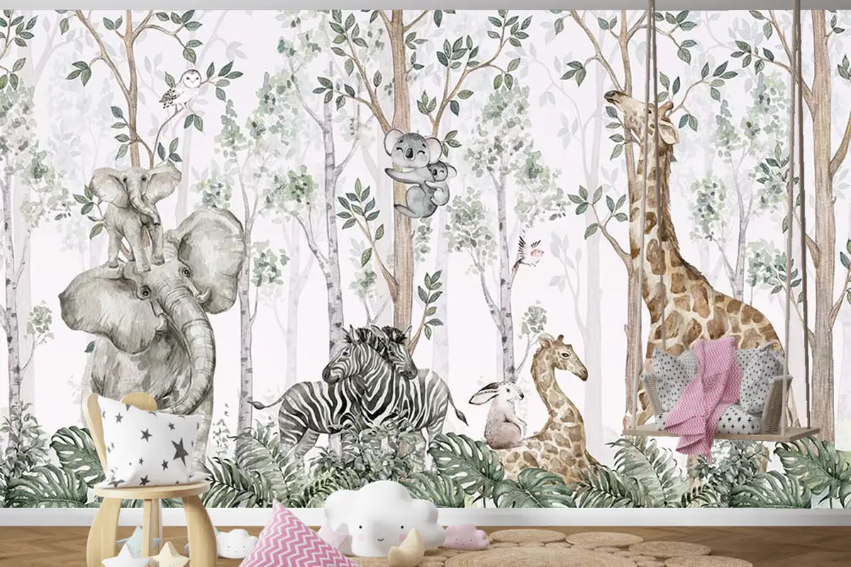 Ormanda Ağaçlar Arasında Sevimli Hayvanlar Çocuk Odası Duvar Kağıdı
