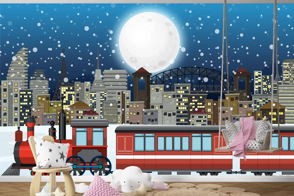 Buharlı Lokomotif Treni Ile Açık Hava Sahnesi Çocuk Odası Duvar Kağıdı