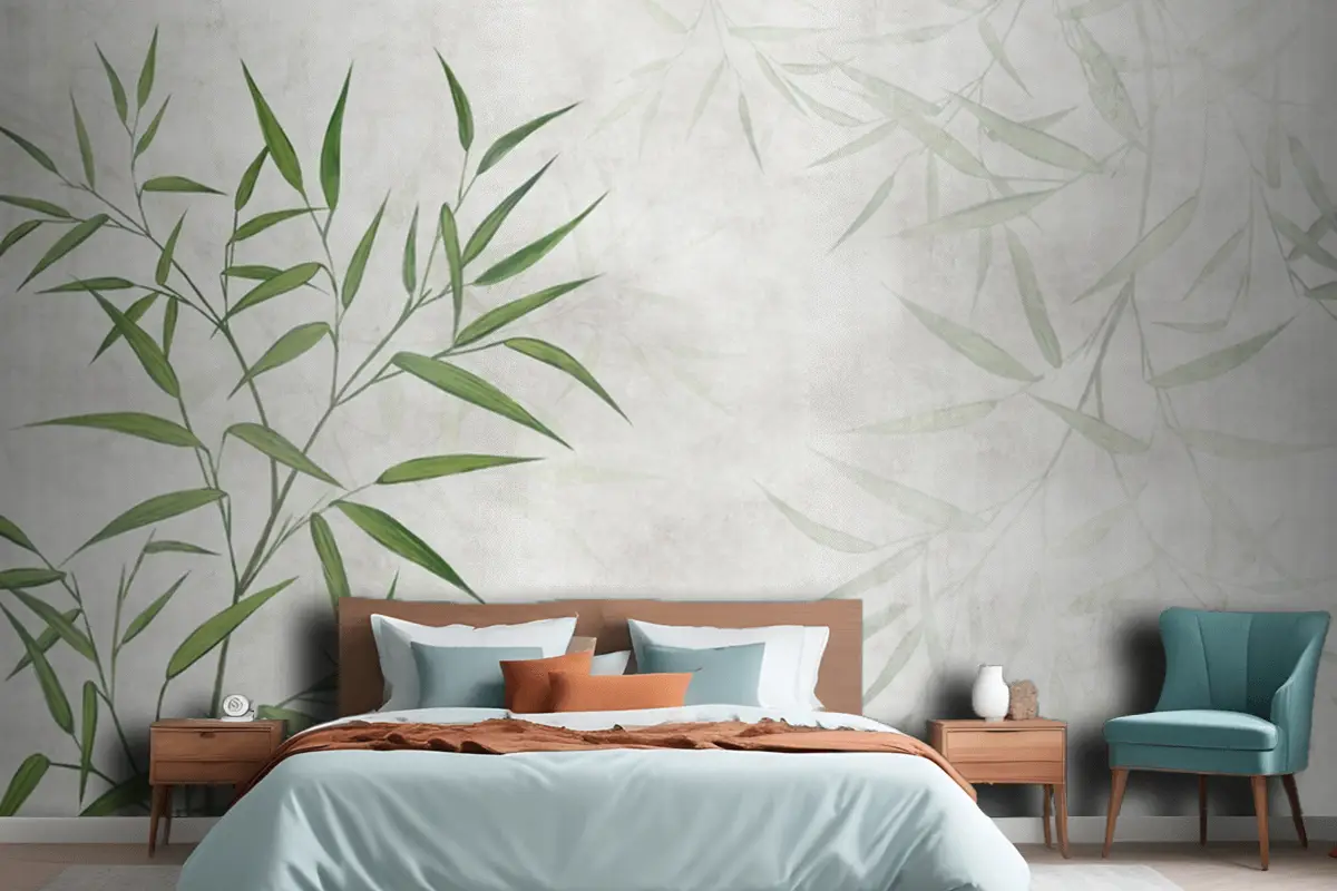 Dokulu Bir Arka Plan Üzerinde Boyalı Kamış Bambu Yaprakları Yatak Odası Duvar Kağıdı