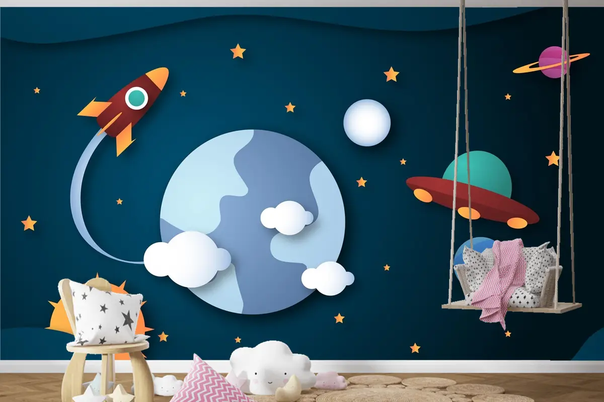 Kağıt Stili Galaxy Arka Plan Çocuk Odası Duvar Kağıdı 
