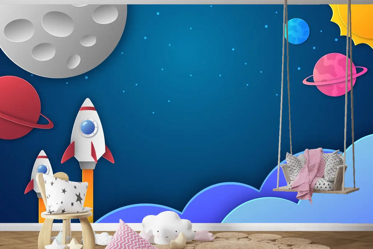 Kağıt Stili Galaxy Çocuk Boy Çocuk Odası Duvar Kağıdı