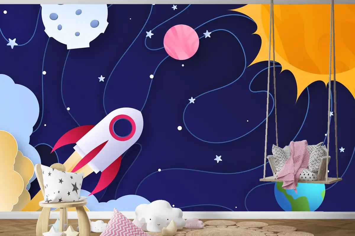 Kağıt Stili Galaxy Çocuk Odası Duvar Kağıdı 