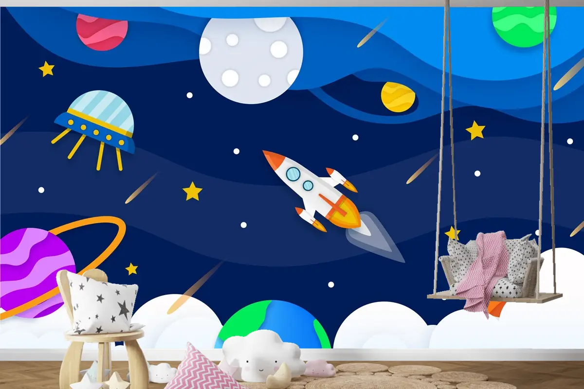 Roket Çocuk Odası Duvar Kağıdı  Ile Kağıt Tarzı Galaksi