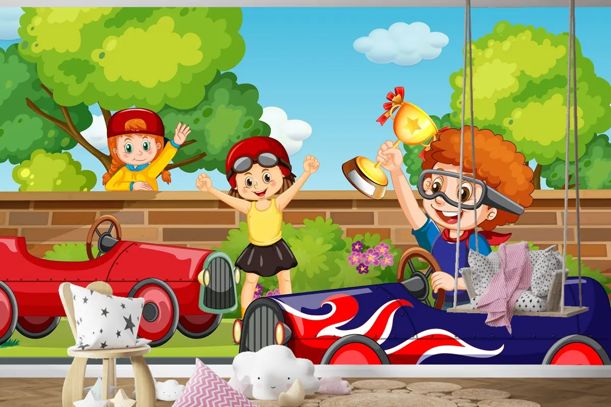 Çocuk Araba Yarışı Çocuk Odası Duvar Kağıdı  Ile Park Sahnesi