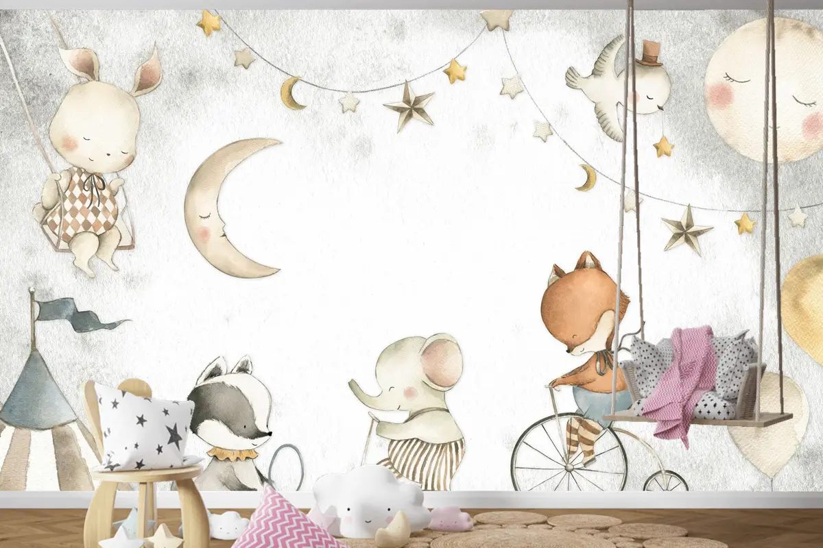 Pastel Ay, Fil ve Tilki Oyun Sahnesi Çocuk Odası Duvar Kağıdı