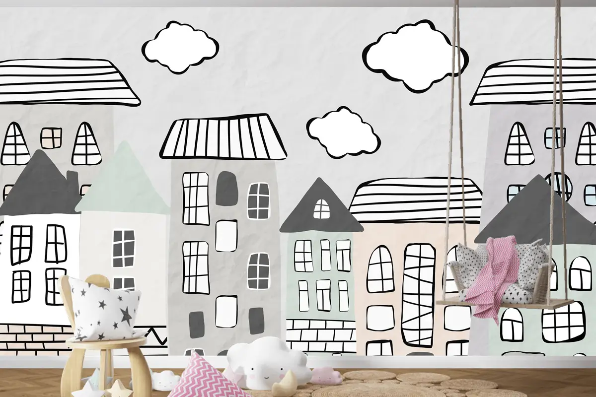 Pastel Bulutlar ve Şehir Evleri Çocuk Odası Duvar Kağıdı