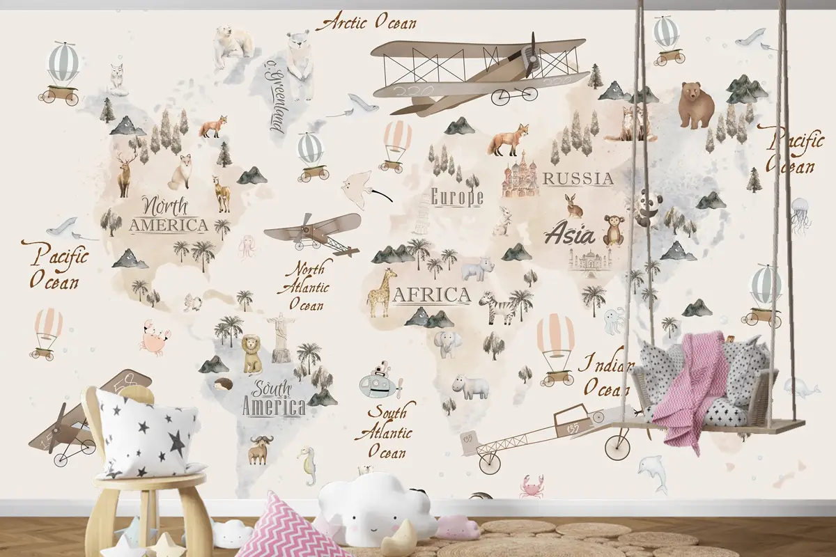 Pastel Dünya Haritası Eğitici ve Eğlenceli Çocuk Odası Duvar Kağıdı