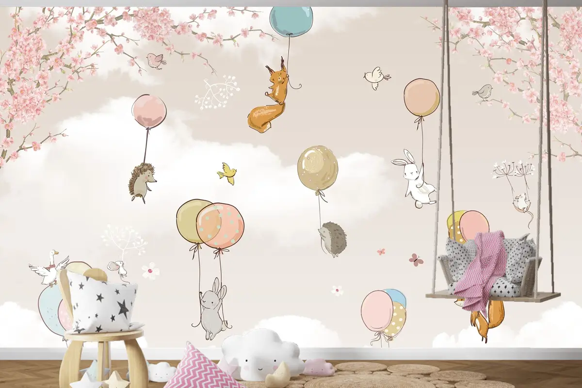 Pastel Sıcak Hava Balonları ve Orman Hayvanları Çocuk Odası Duvar Kağıdı