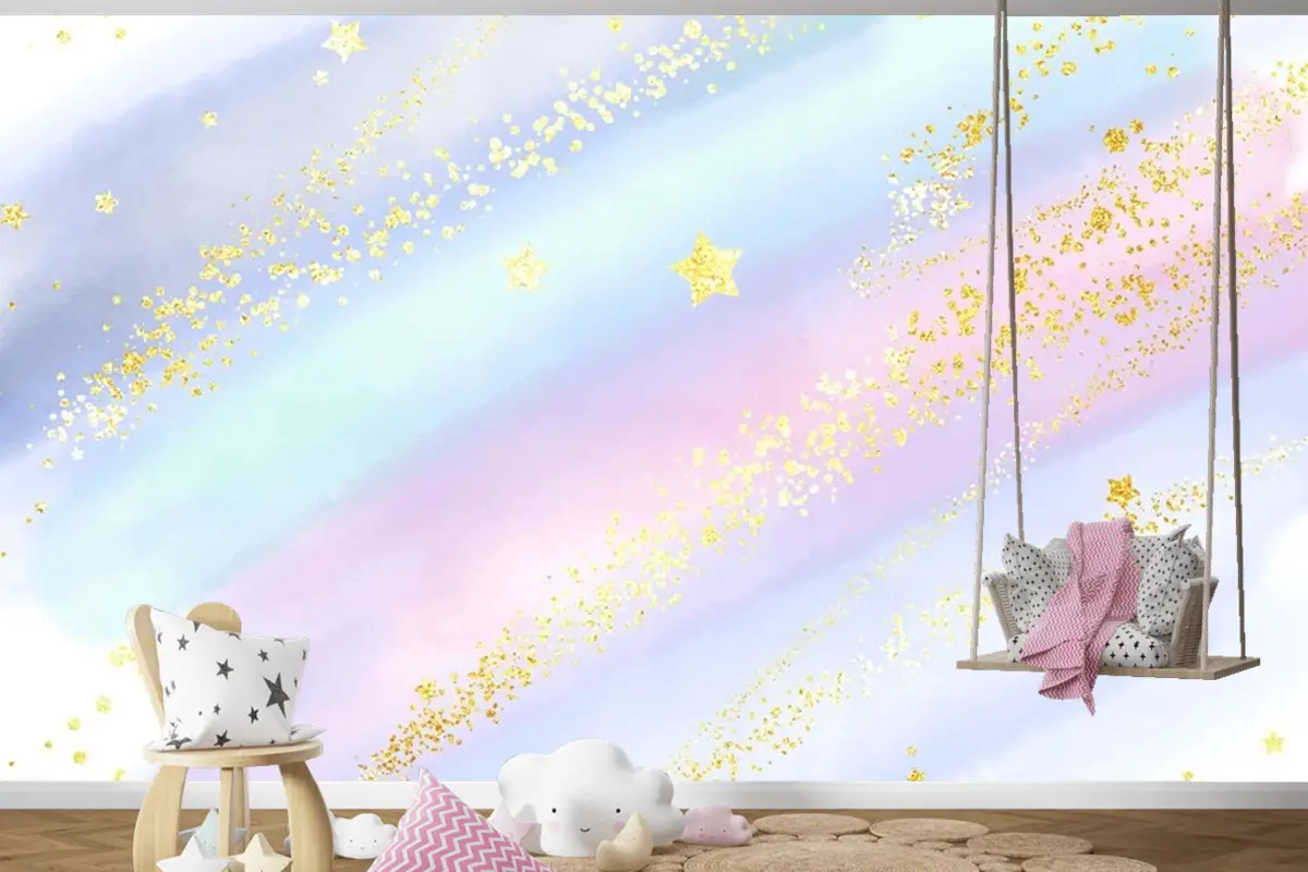 Işıltılı Altın Yıldızlar Ve Konfeti Ile Pastel Suluboya Arka Plan Çocuk Odası Duvar Kağıdı
