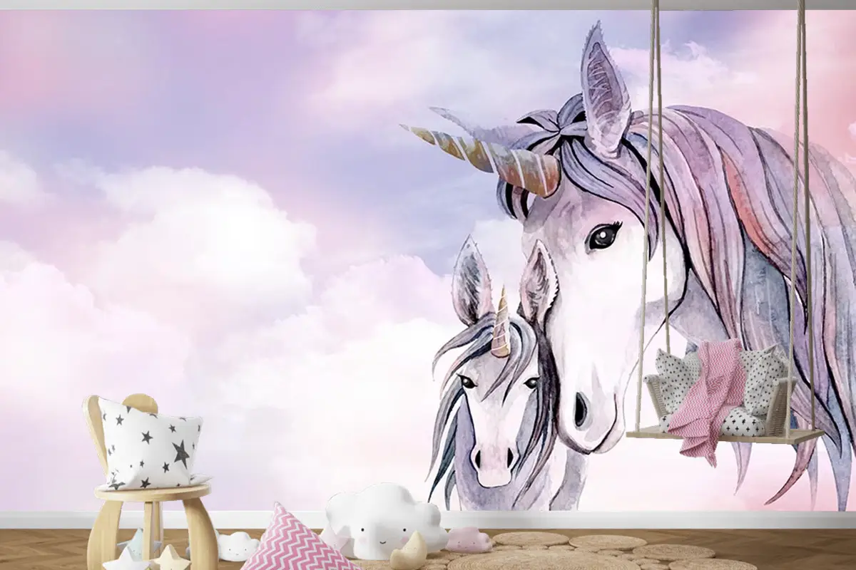 Pembe Bulutlar Üzerinde Unicorn Çocuk Odası Duvar Kağıdı