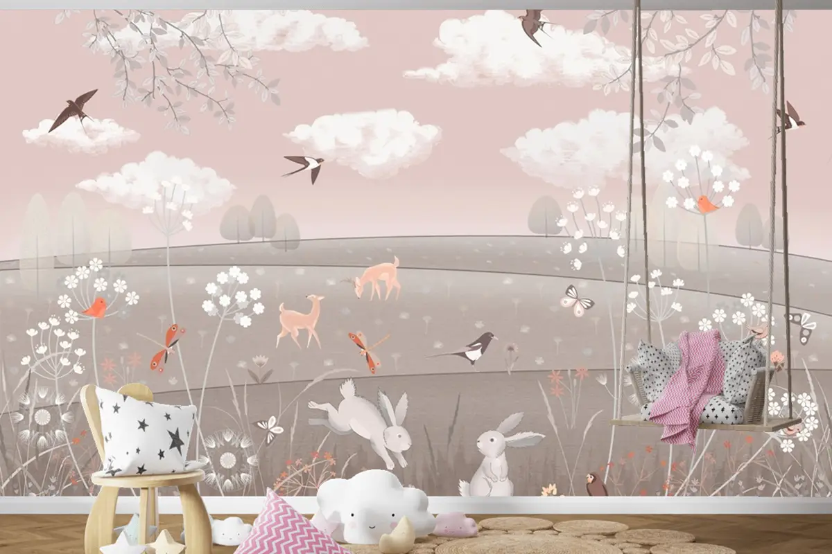 Pembe Manzara Geyik Tavşan Kuşlar Çocuk Odası Duvar Kağıdı