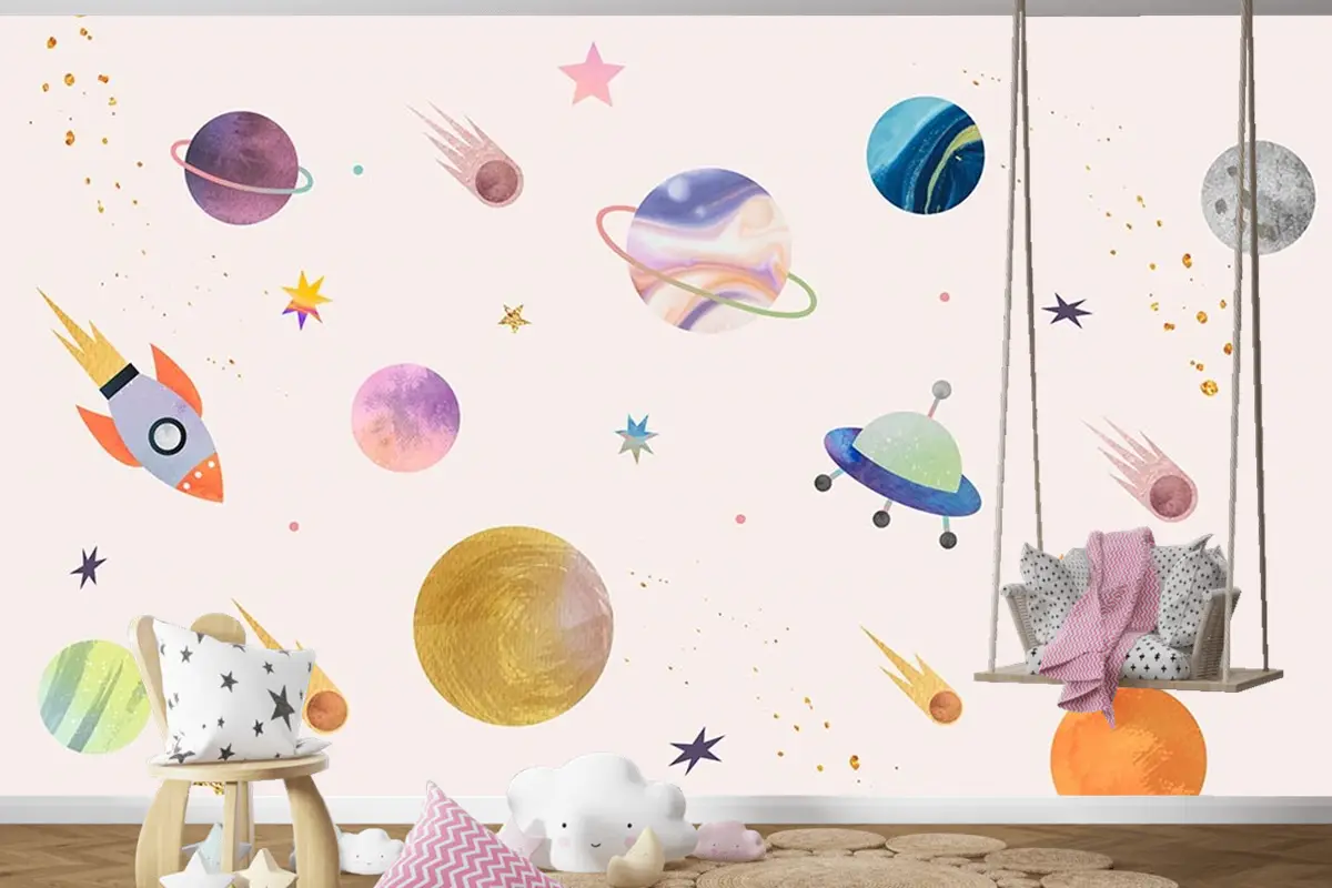 Pembe Zemin Üzerinde Gezegenler Çocuk Odası Duvar Kağıdı