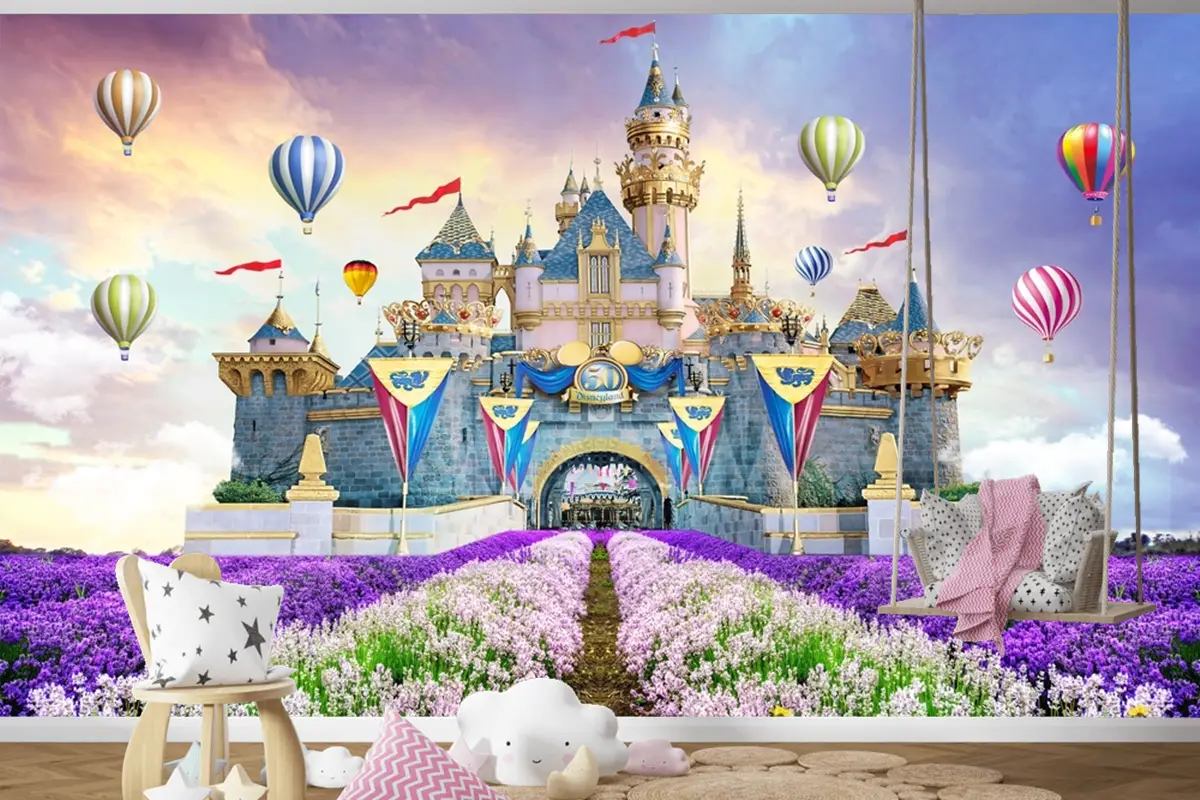 Peri Kalesi Manzara Çiçekler Sıcak Hava Balonları Çocuk Odası Duvar Kağıdı