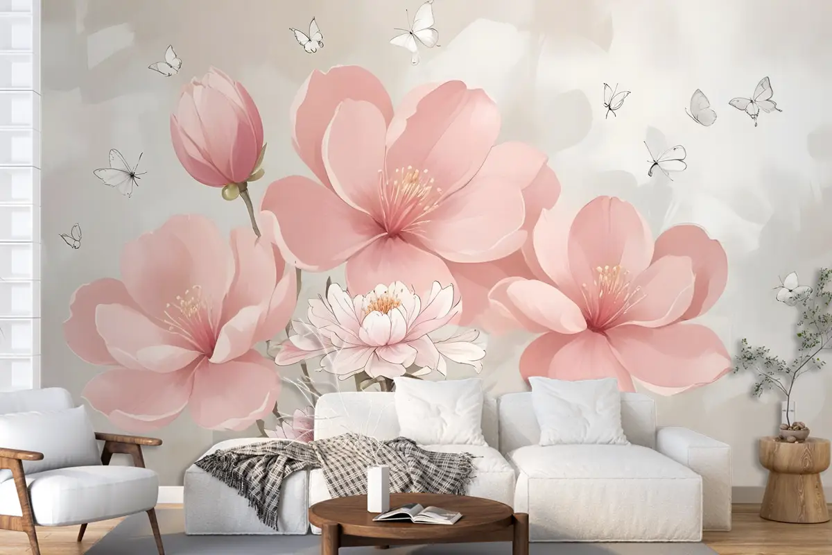 Küçük Kelebekli Pembe Hdrangea Çiçek Duvar Kağıdı