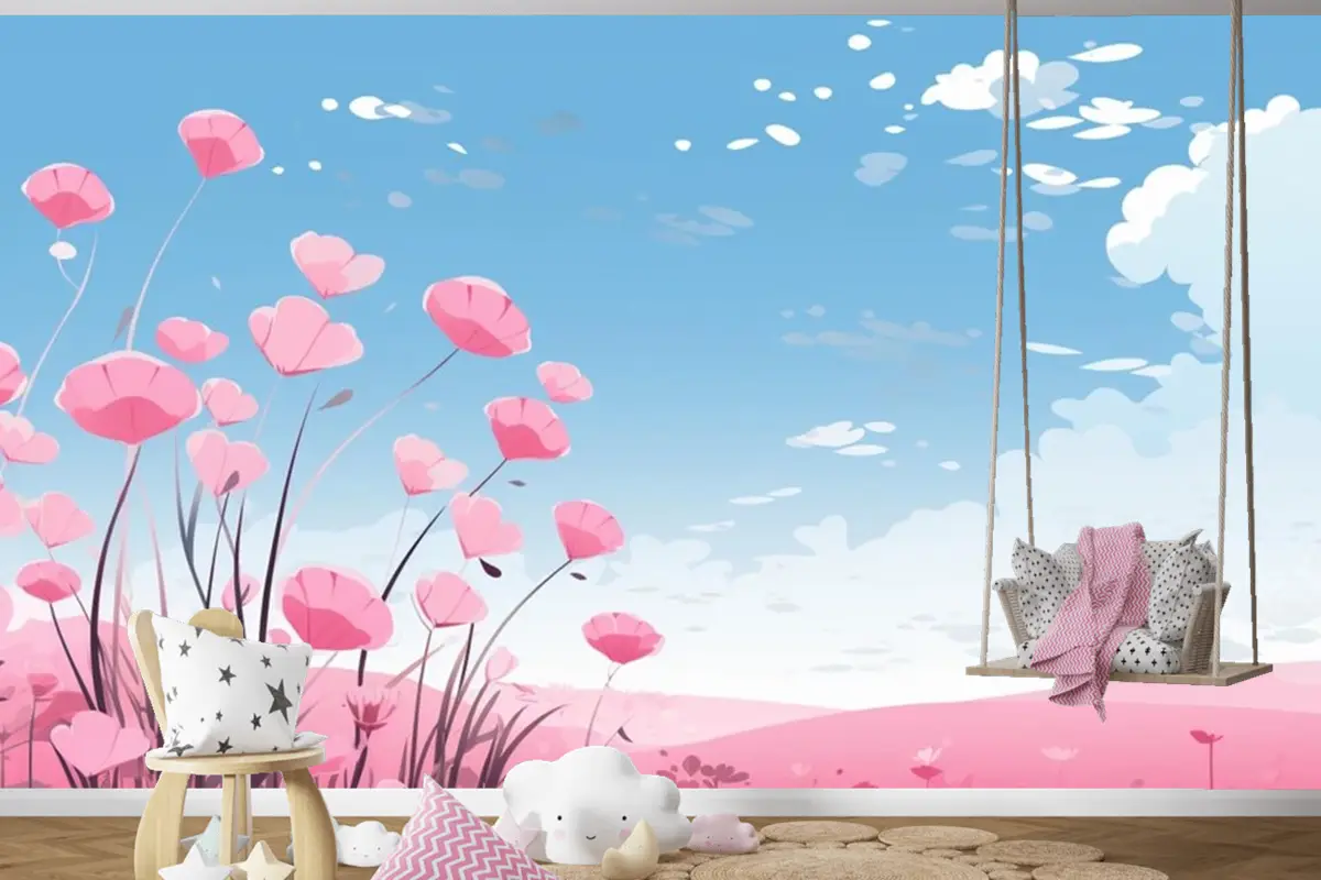 Gökyüzünde Çiçekler Ve Bulutlarla Pembe Kalpler Çocuk Odası Duvar Kağıdı