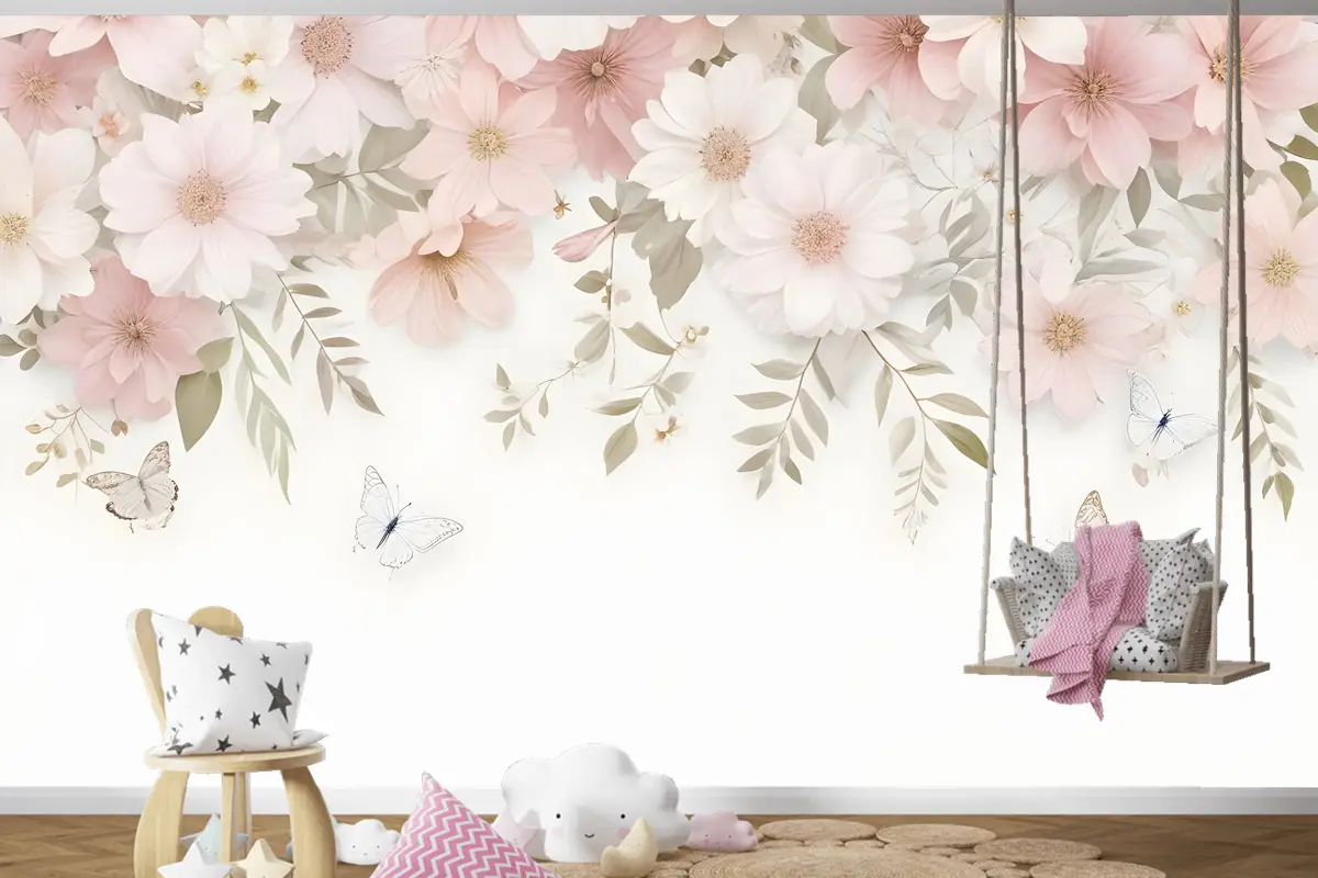 Pembe Ortanca Çiçek Sanatı Çocuk Odası Duvar Kağıdı 