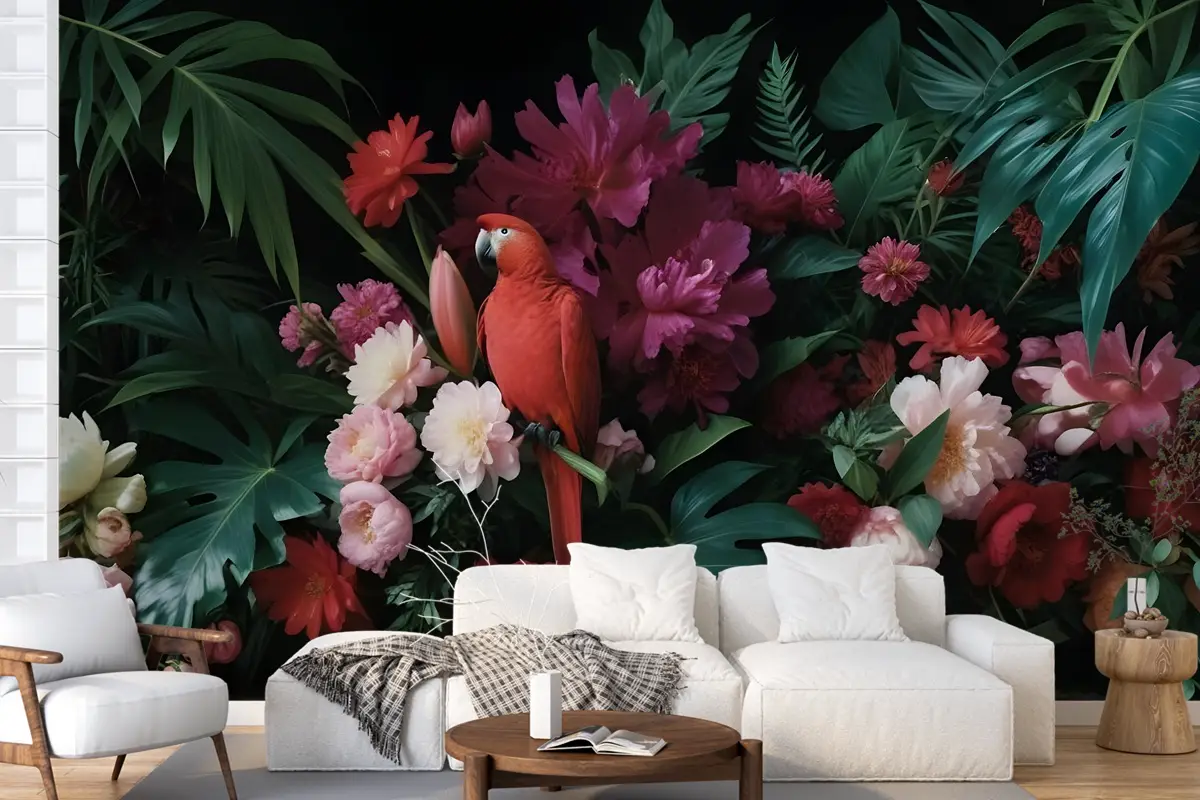 Renkli Çiçekli Kırmızı Papağan Duvar Kağıdı 