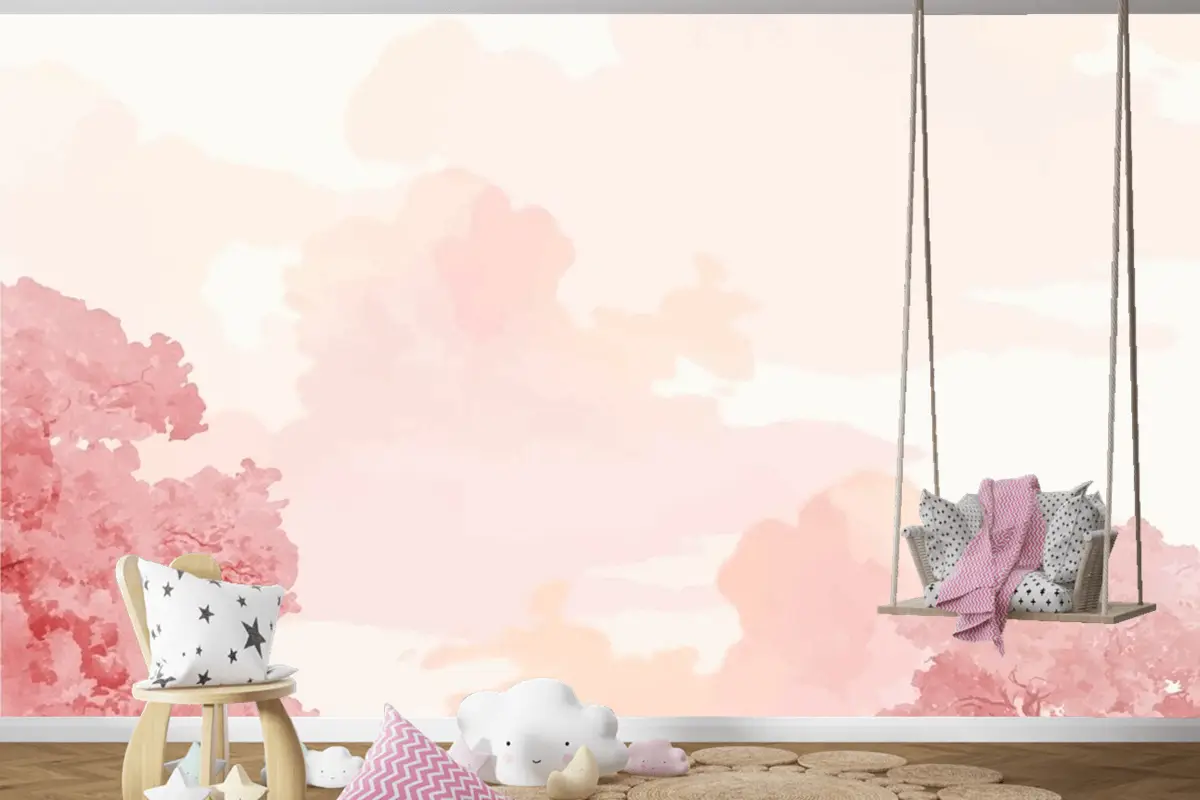 Pembe Ağaçlar Ve Gökyüzü Afiş Çocuk Odası Duvar Kağıdı