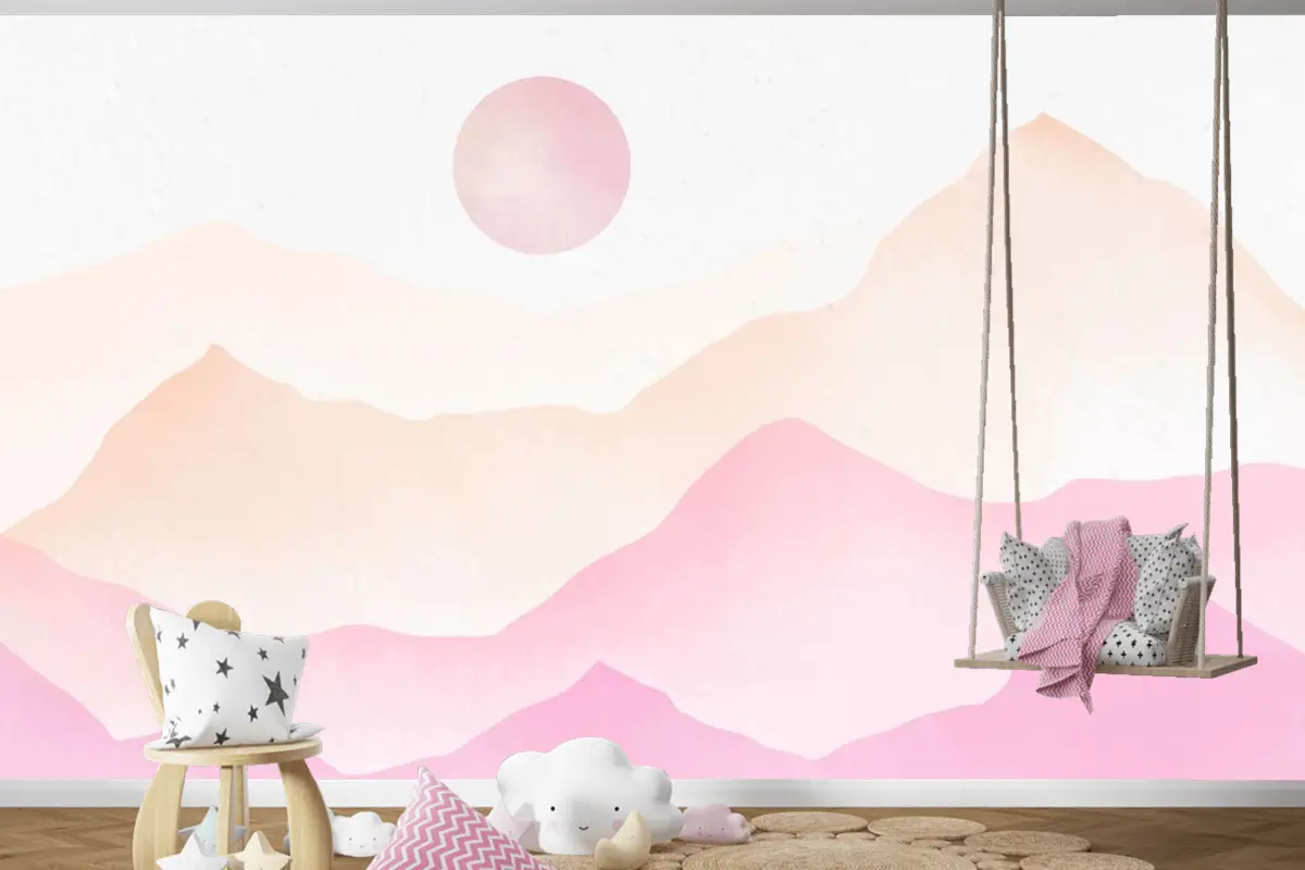 Pembe Suluboya Dağlar Arka Plan Çocuk Odası Duvar Kağıdı 