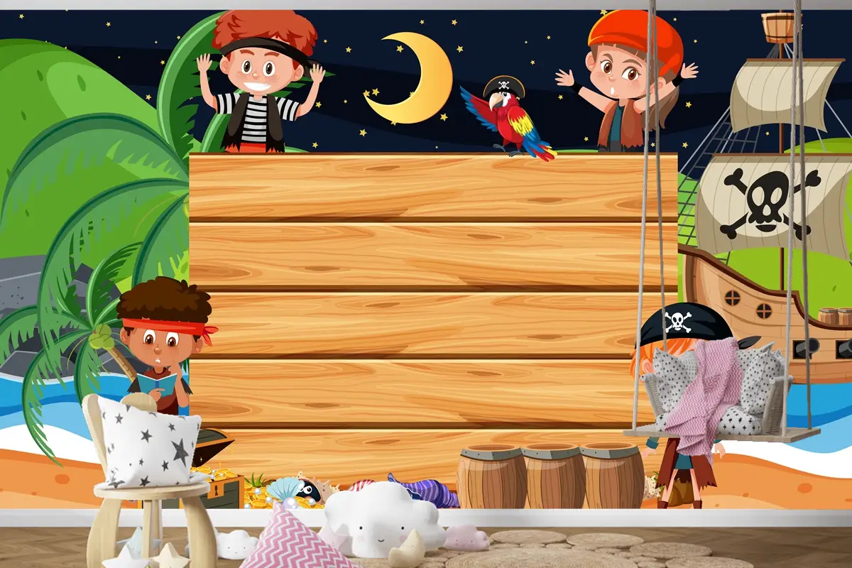 Boş Ahşap Çocuk Odası Duvar Kağıdı Yle Sahilde Gece Sahnesinde Korsan Çocuklar