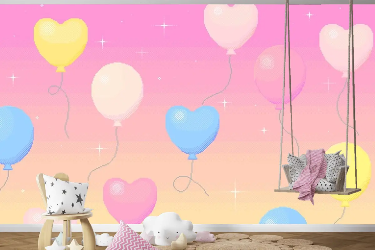 Rüya Gibi Gökyüzünde Uçan Balonların Piksel Sanat Arka Planı Çocuk Odası Duvar Kağıdı