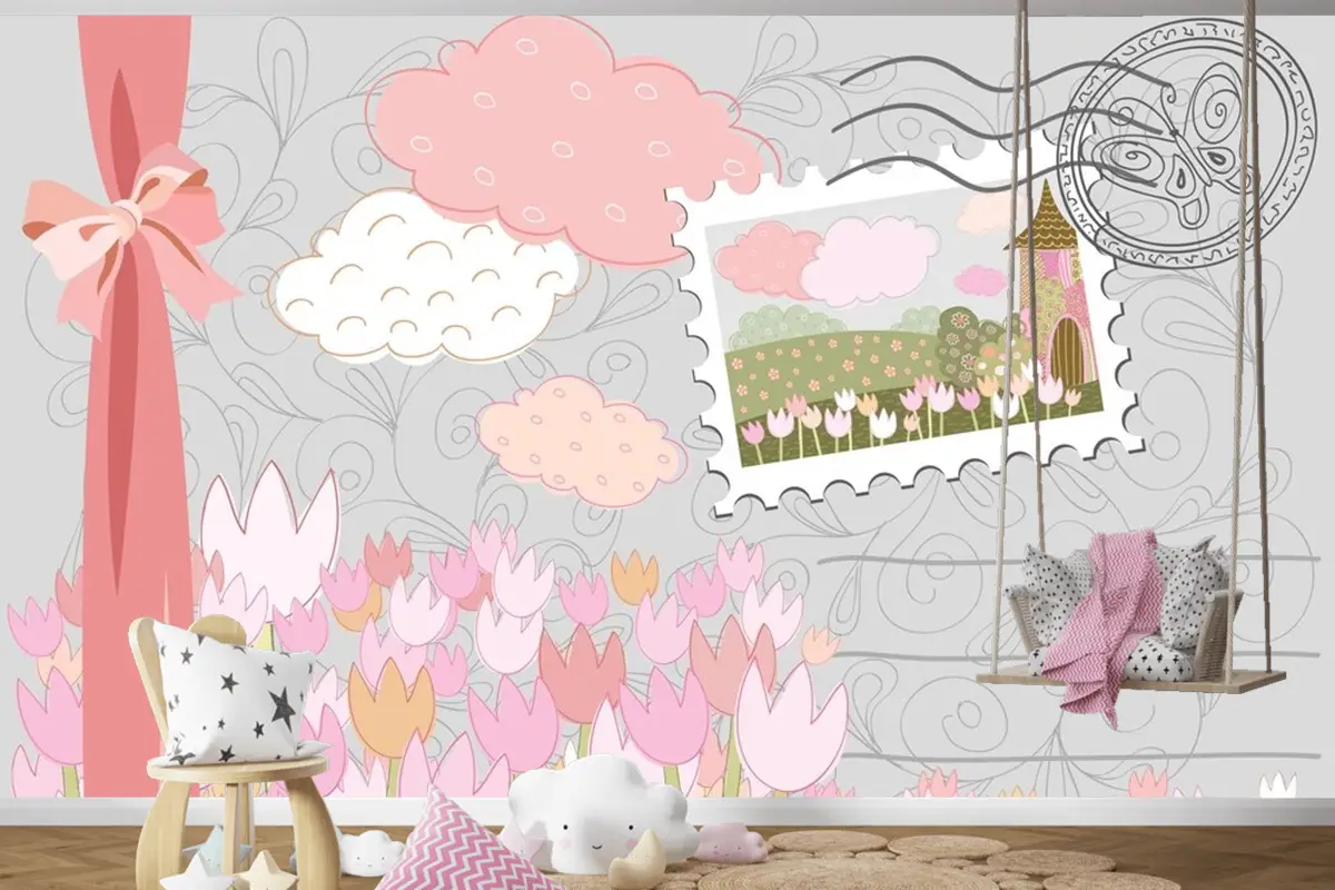 Damgalı Poster Desenli Dekoratif Şehir Çocuk Odası Duvar Kağıdı