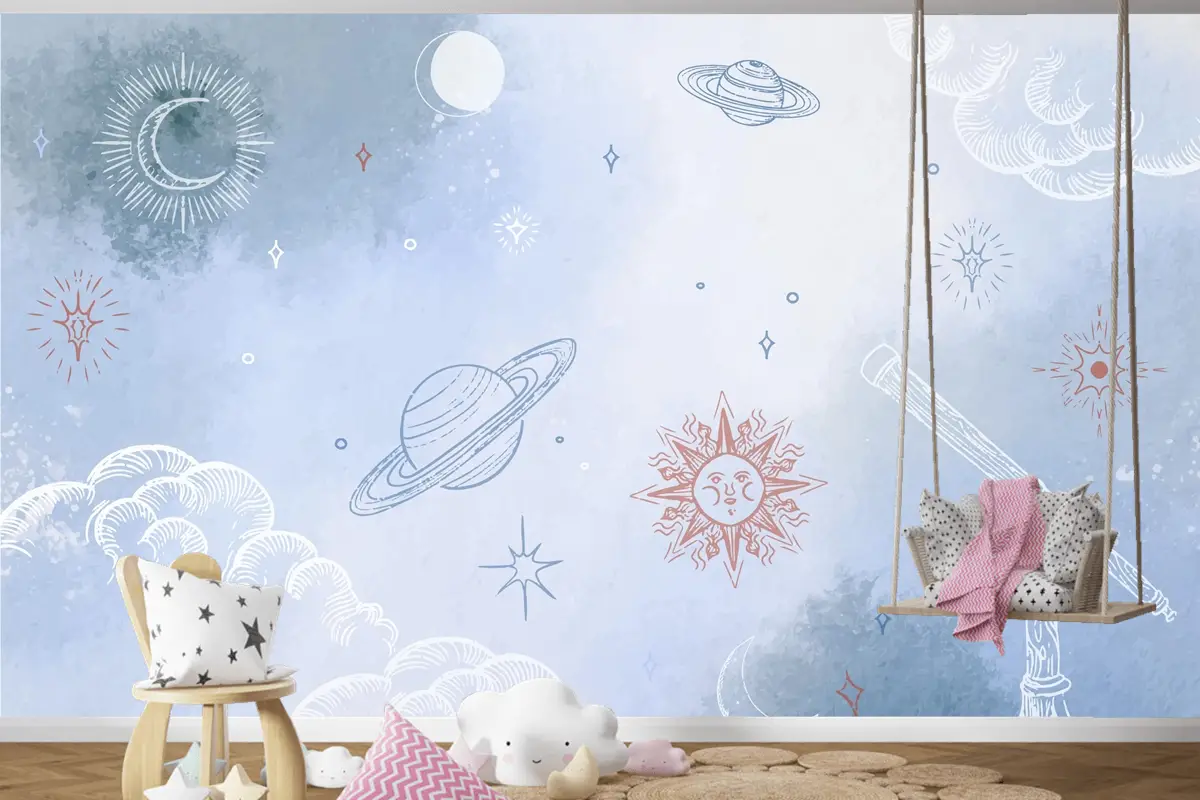 Elle Çizilmiş Öğelerle Toz Pastel Çocuk Odası Duvar Kağıdı