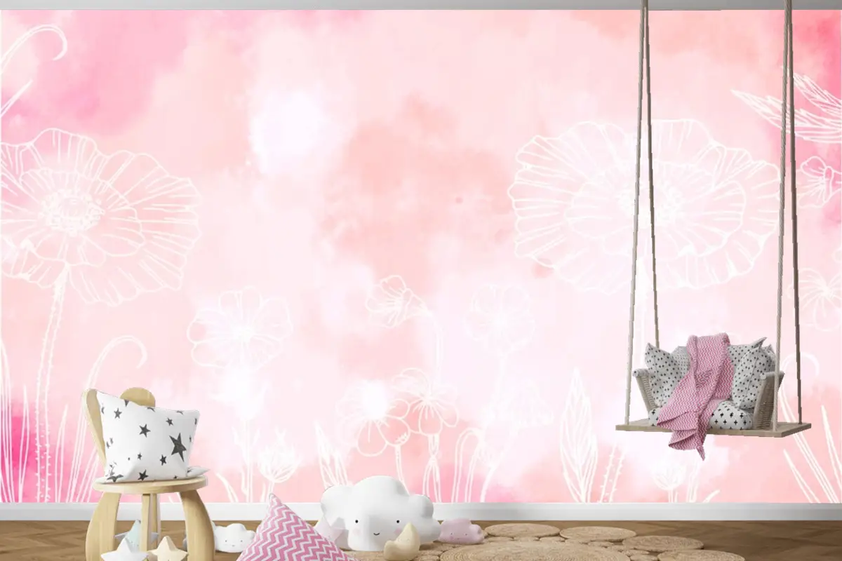 Elle Çizilmiş Öğelerle Toz Pastel Çocuk Odası Duvar Kağıdı