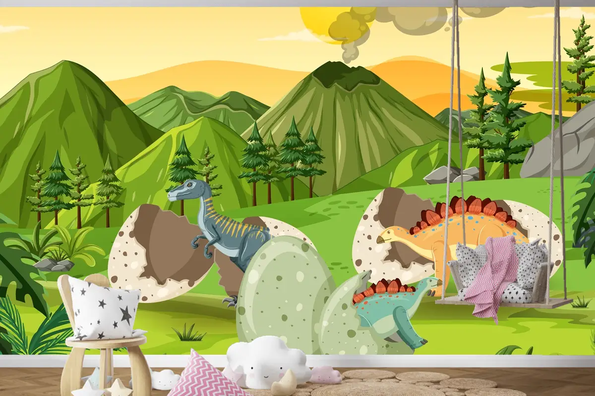 Dinozor Karikatür Çocuk Odası Duvar Kağıdı  Ile Tarih Öncesi Orman