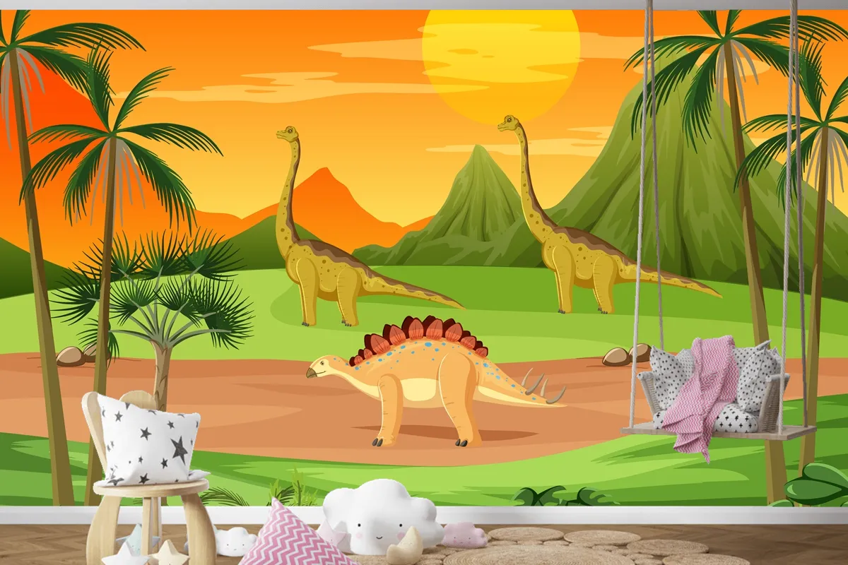 Dinozor Karikatür Çocuk Odası Duvar Kağıdı  Ile Tarih Öncesi Orman