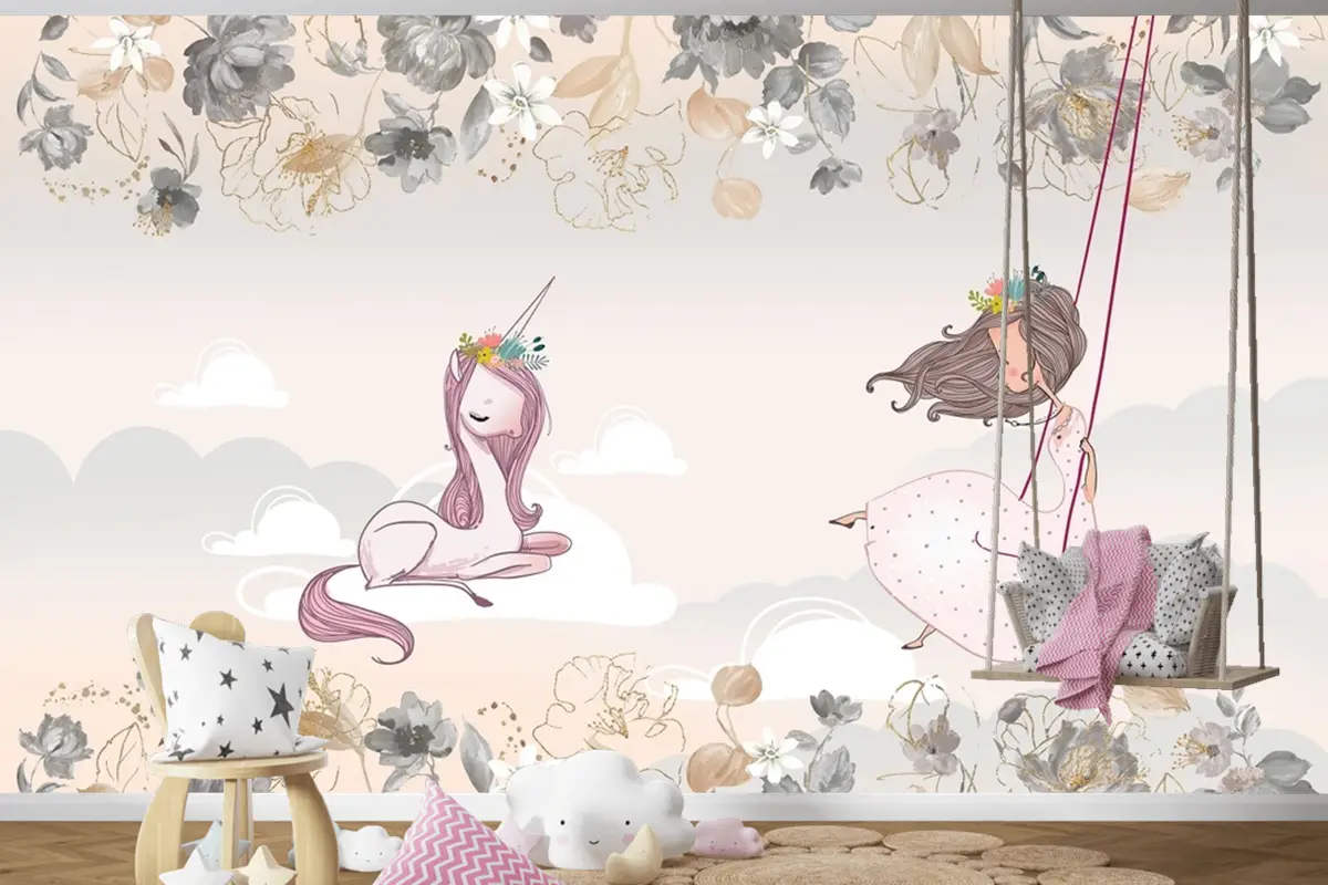 Prenses Ve Unicorn Çocuk Odası Duvar Kağıdı