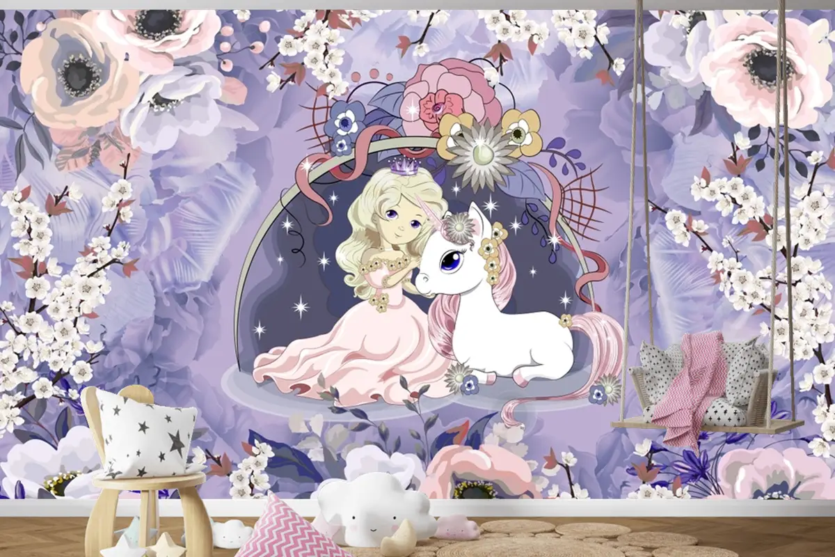 Prenses Ve Unicorn Şakayık Çocuk Odası Duvar Kağıdı