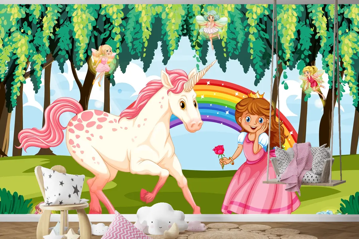 Büyülü Ormanda Prenses Ve Tek Boynuzlu At Arka Plan Çocuk Odası Duvar Kağıdı