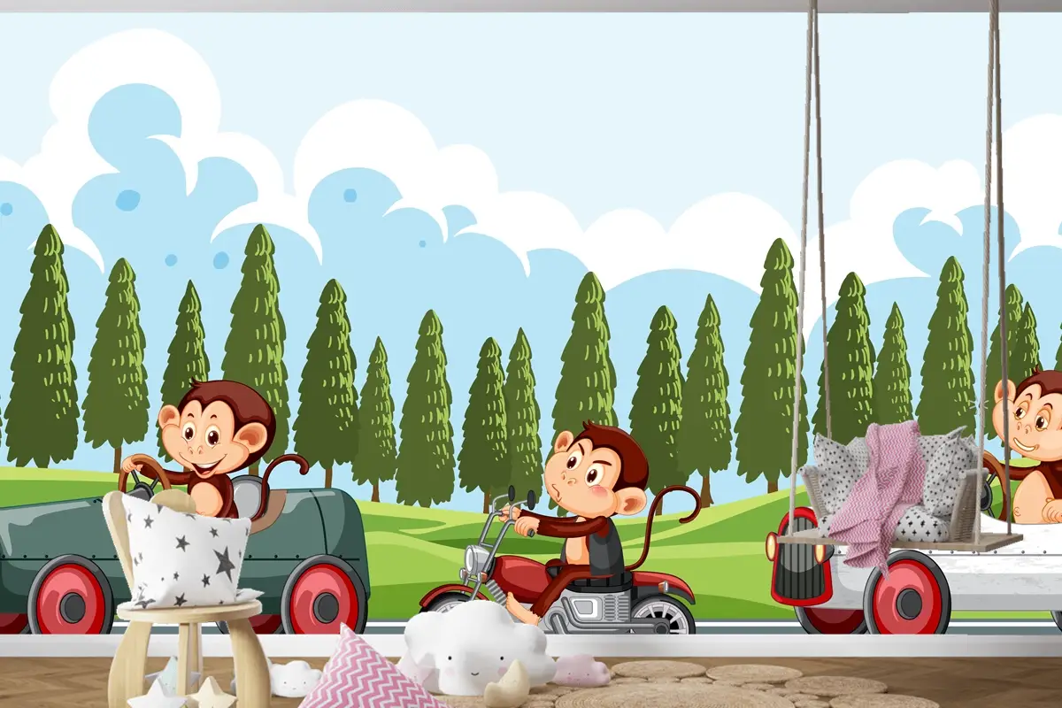 Maymun Yarış Sürücülerinin Bulunduğu Yarış Pisti Sahnesi Çocuk Odası Duvar Kağıdı