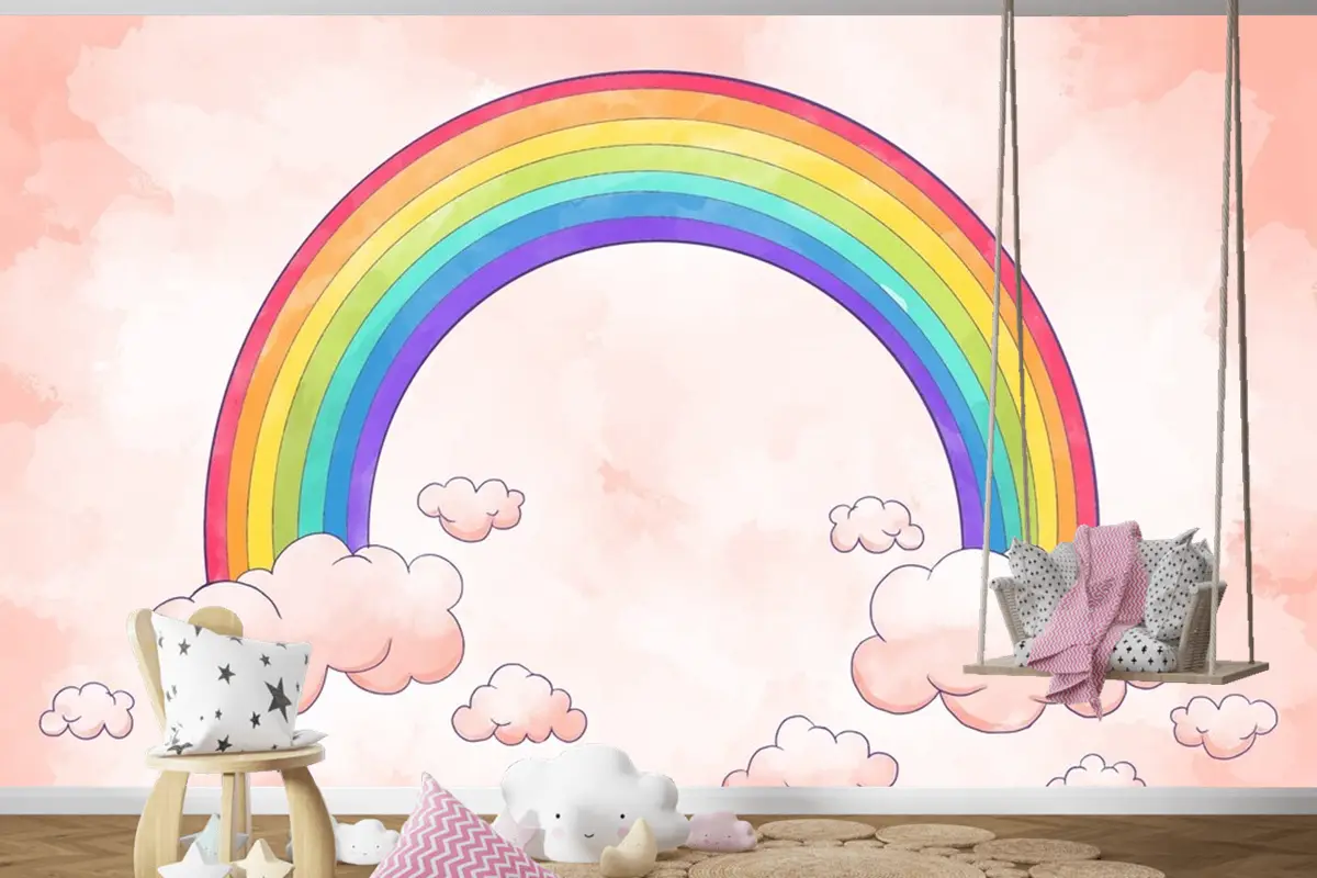 Gökkuşağı Bulutlu Suluboya Tarzı Çocuk Odası Duvar Kağıdı