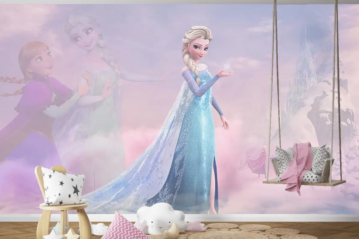 Renkli Bulutlar Arasında Elsa Çocuk Odası Duvar Kağıdı