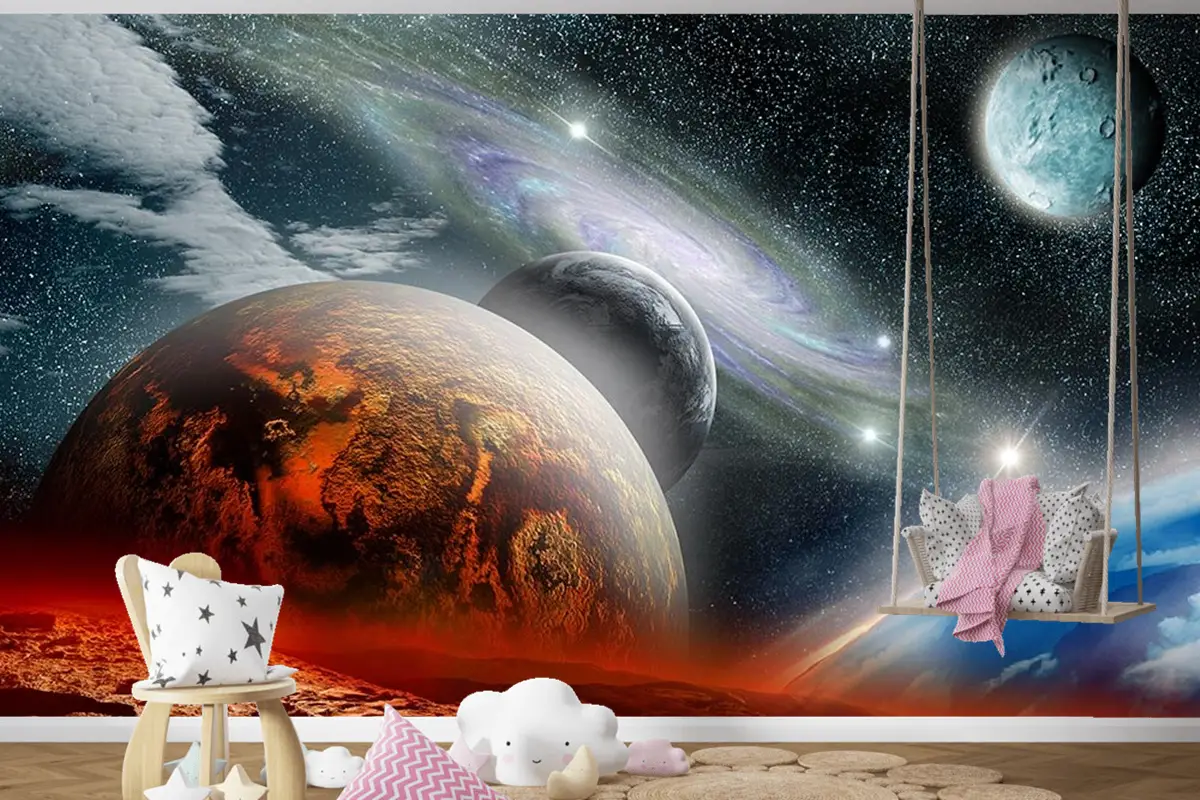 Renkli Galaksi Gezegenler Çocuk Genç Odası Çocuk Odası Duvar Kağıdı