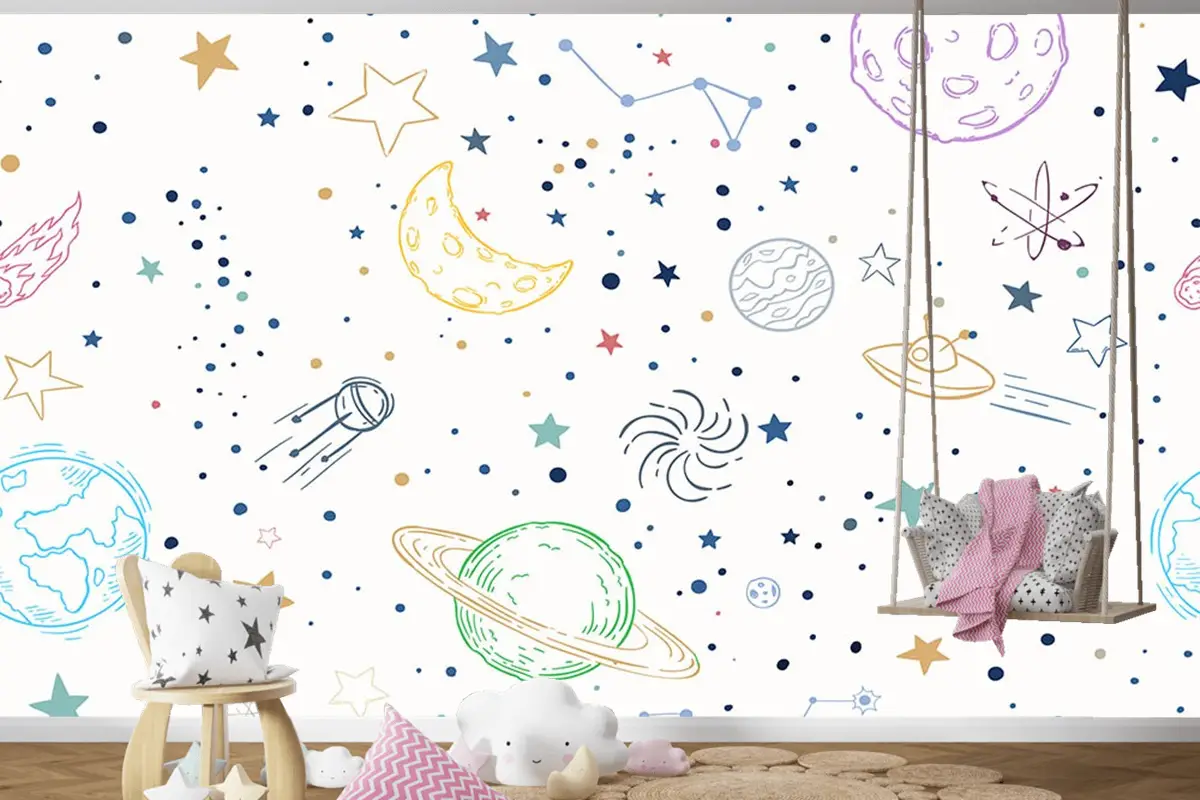 Renkli Gezegenler Uzay Temalı Çocuk Odası Duvar Kağıdı