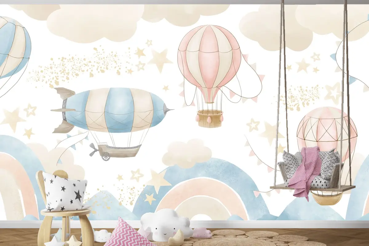 Renkli Gökyüzü ve Sıcak Hava Balonları Temalı Çocuk Odası Duvar Kağıdı