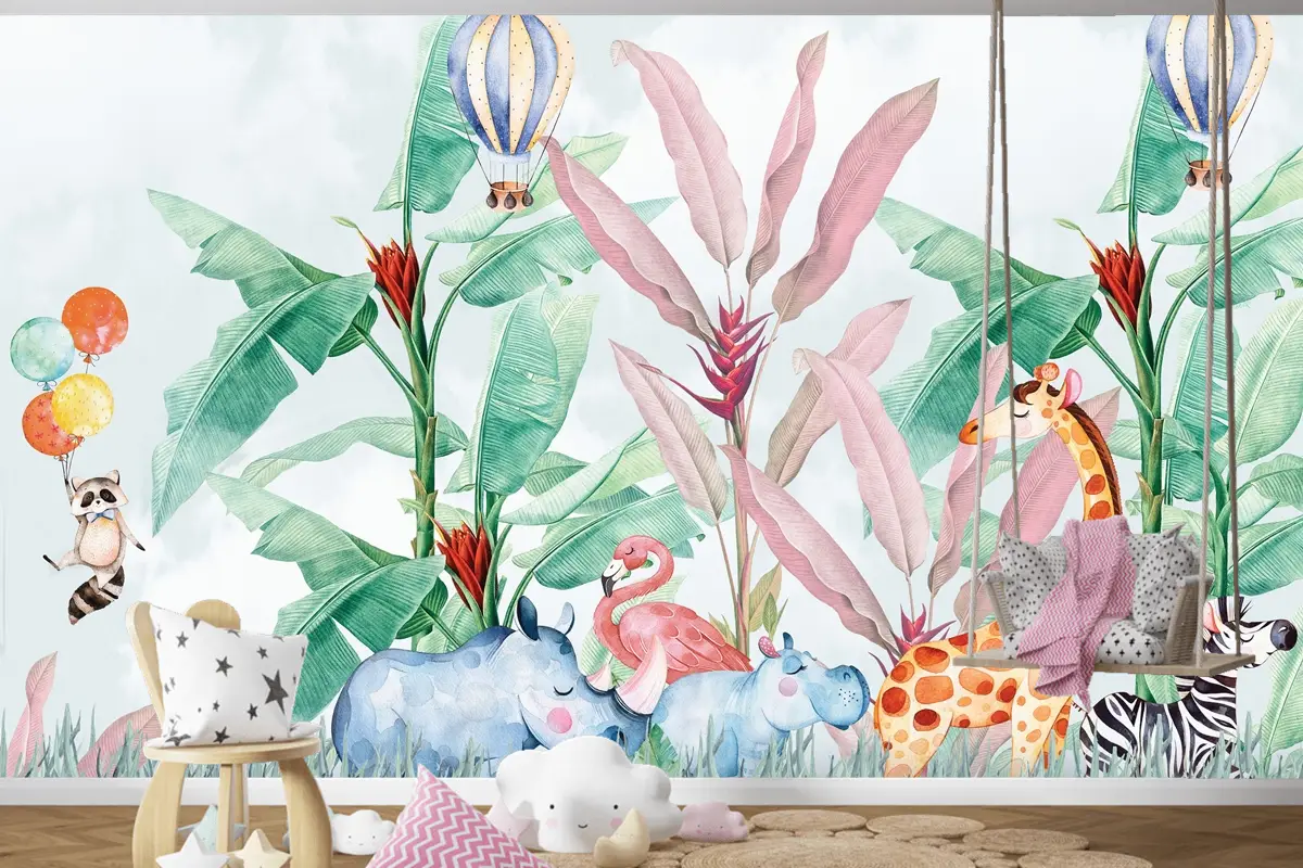Renkli Hayvanlar ve Balonlu Macera Çocuk Odası Duvar Kağıdı