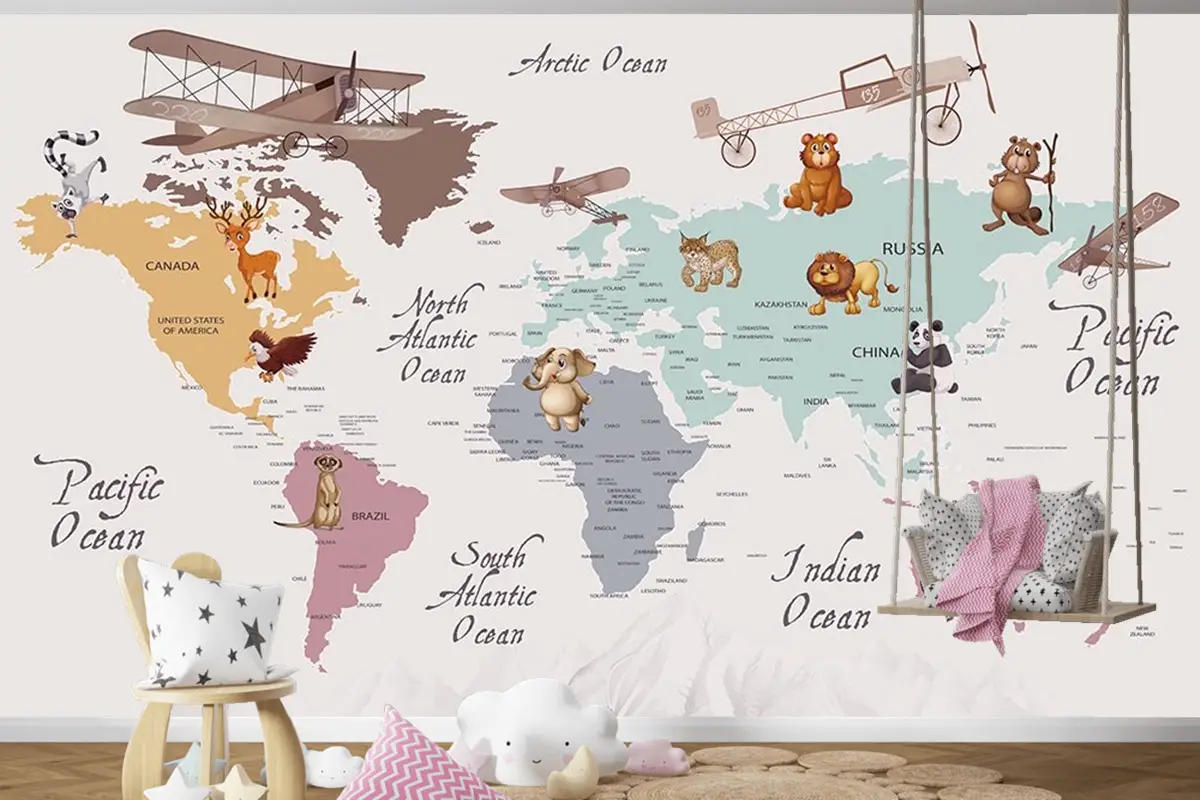 Renkli Kıtalar Öğretici Çocuk Odası Duvar Kağıdı