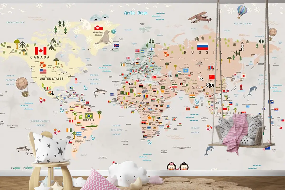 Renkli Kıtalar Ülke Isimleri Yazılı Çocuk Odası Dünya Haritası Çocuk Odası Duvar Kağıdı