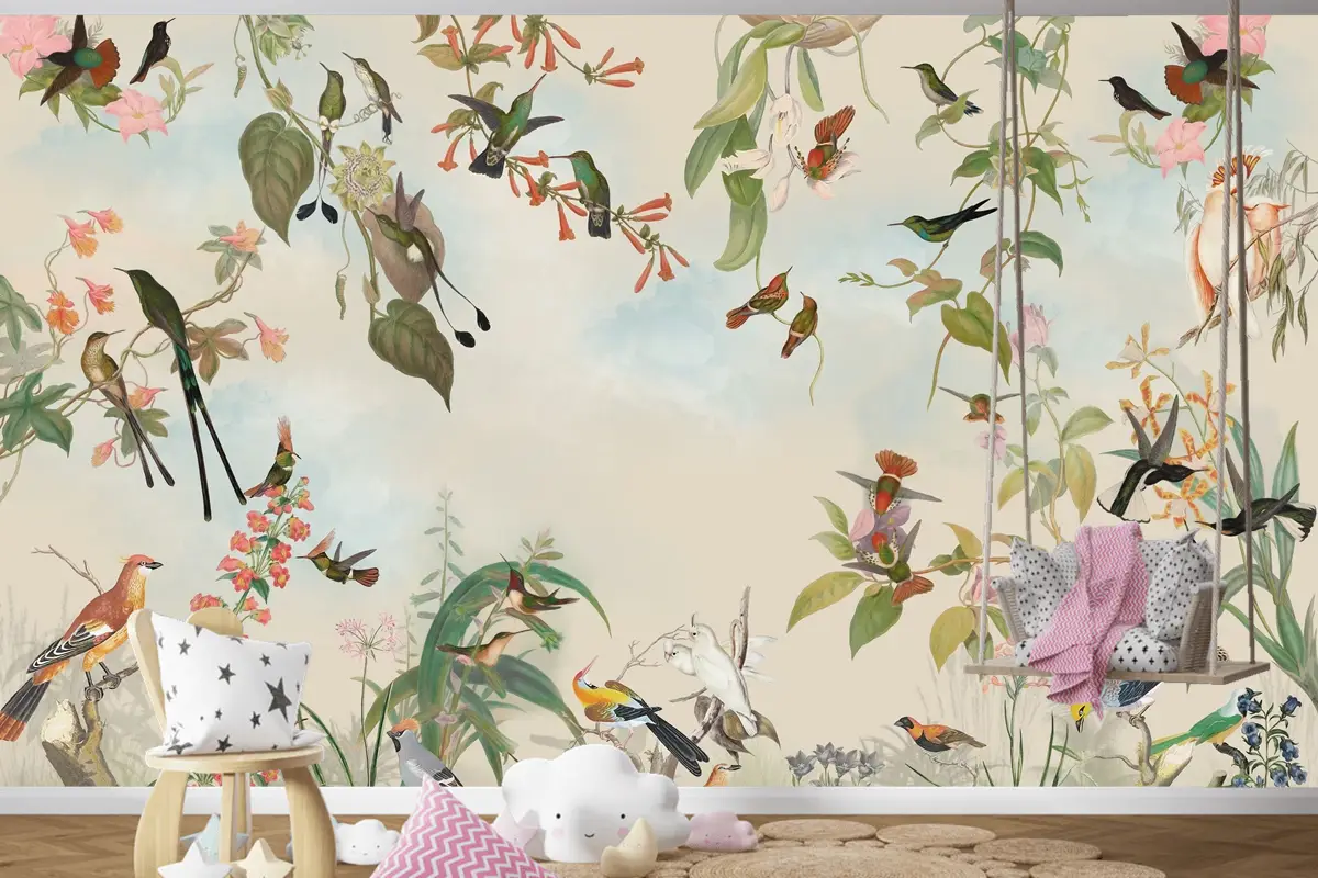 Renkli Kuşlar ve Çiçekli Tropikal Doğa Çocuk Odası Duvar Kağıdı