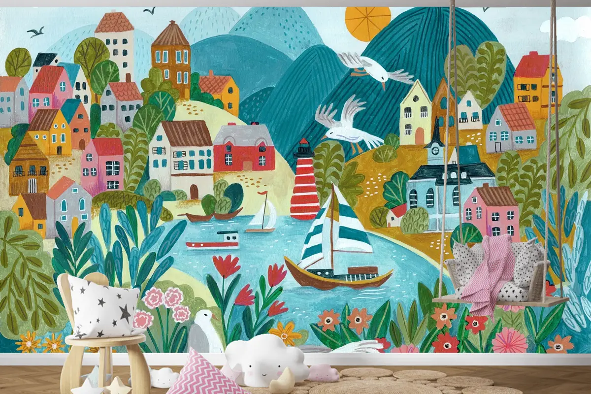 Renkli Sahil Kasabası Çiçek Göl Çocuk Odası Duvar Kağıdı